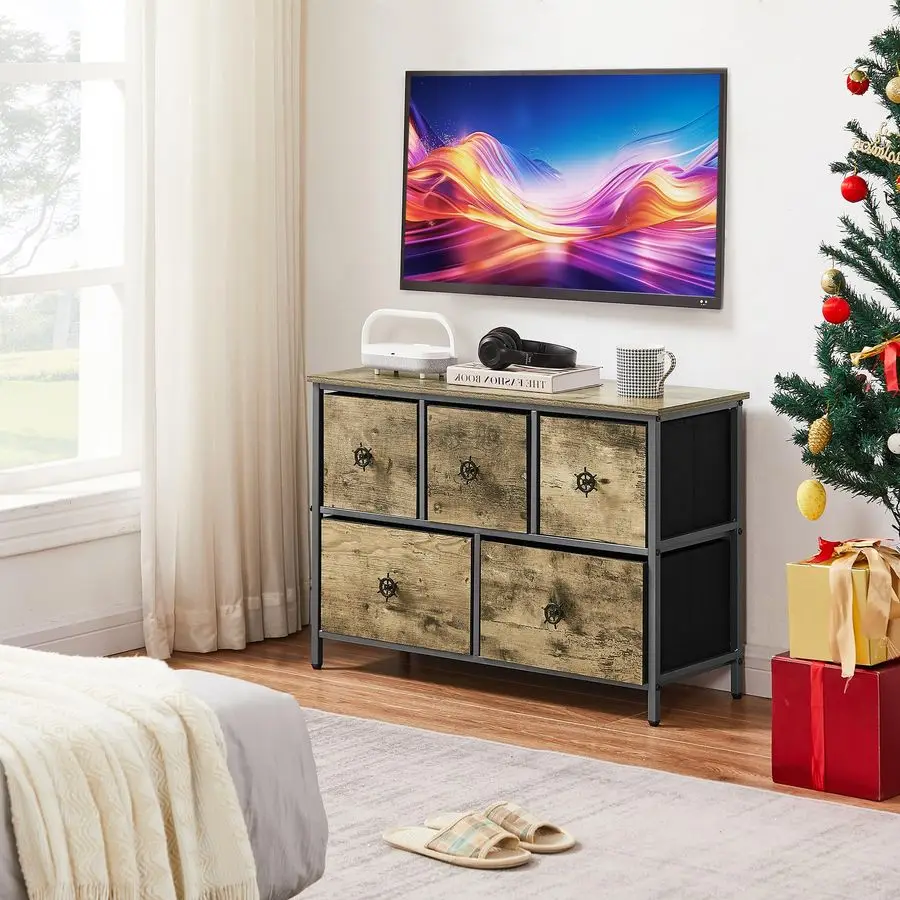 

Small TV Stand,TV Cabinet with 5 Fabric Drawers,Wooden Style TV Console Table Entertainment Center,Dresser Storage Tower Cabinet