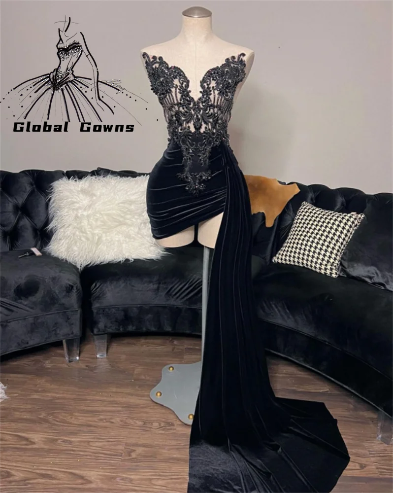 Black Velvet Sweetheart Short Prom Dress Appliques Graduation Gowns Beaded Birthday Party Gown Mermaid Mini Cocktail Homecoming