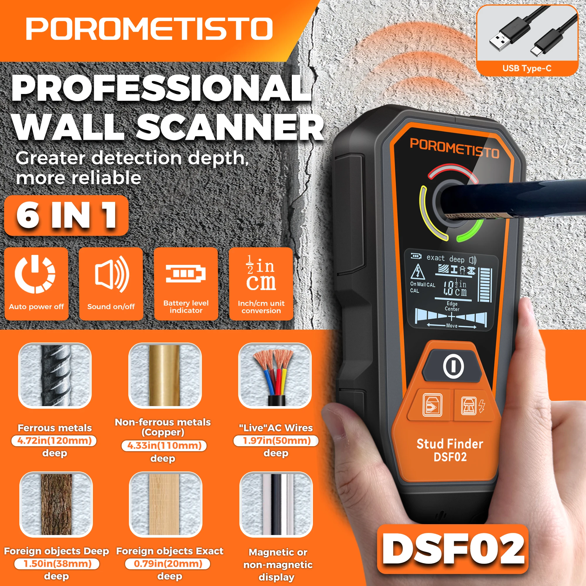 DSF02 6-in-1 Wall Scanner Type-C Rechargeable Stud Finder with Deep Modes, AC Wire, Metal & Pipe Detection for Safe Drilling