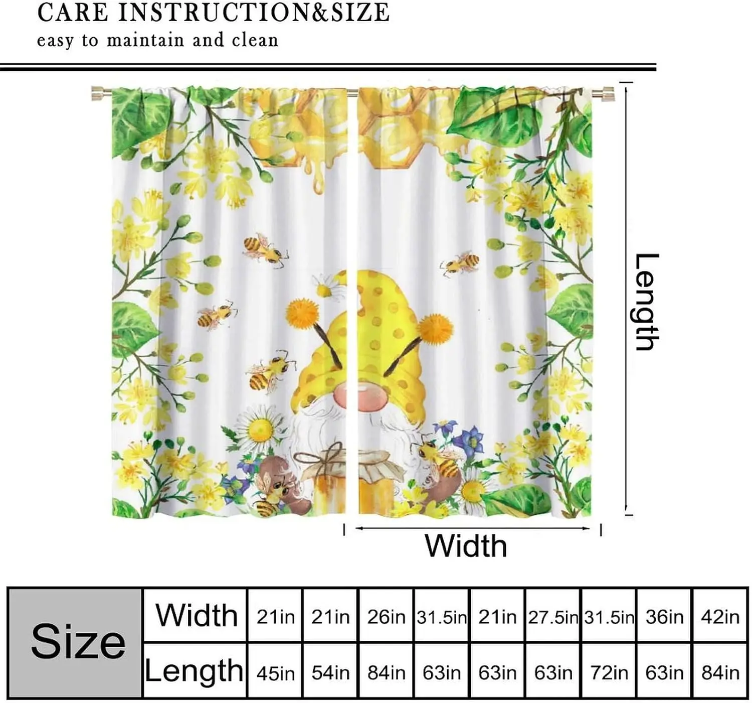 Whimsical Bee Floral Pattern Spring Watercolor Curtain 2pcs Drapes Cottagecore Style Yellow Gnome Window Accent