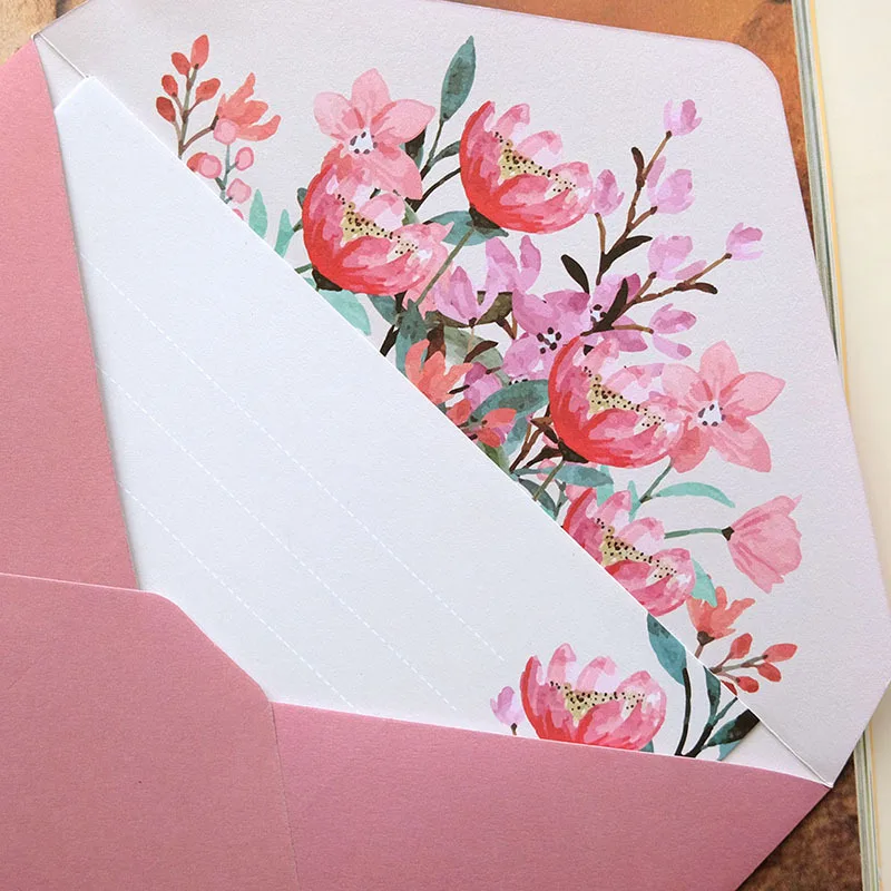 2/6pcs Printed Flower Envelopes with Letter Pads Kawaii Stationery Wedding Greeting Card Invitation Bag Office School Supplies