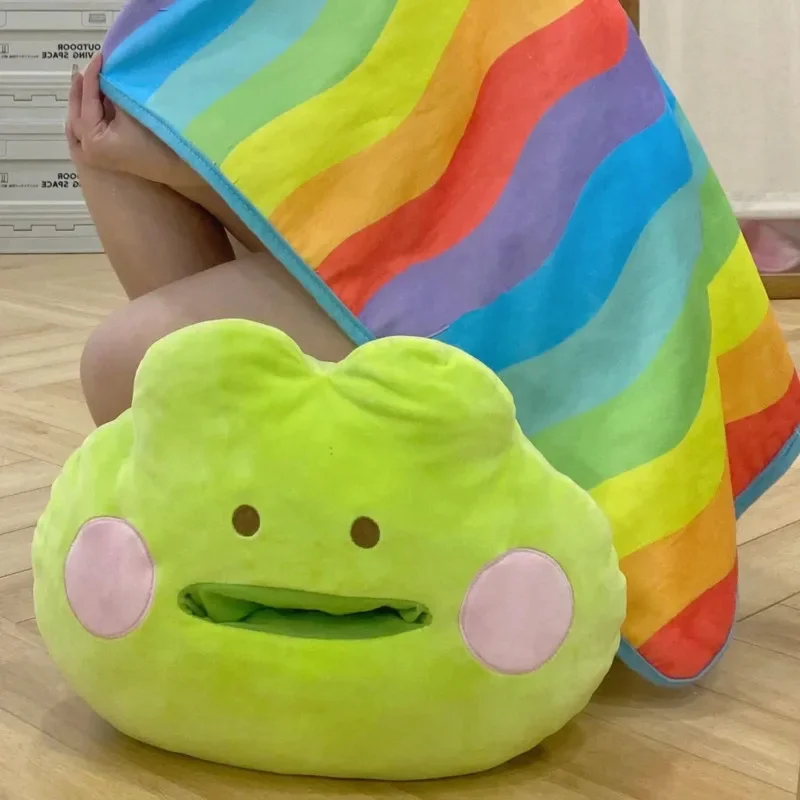 Frog Throw Pillow With Rainbow Blankets 2 In 1 Fun Cartoon Cute Super Soft Cushions Kids Bedroom Seat Pillow