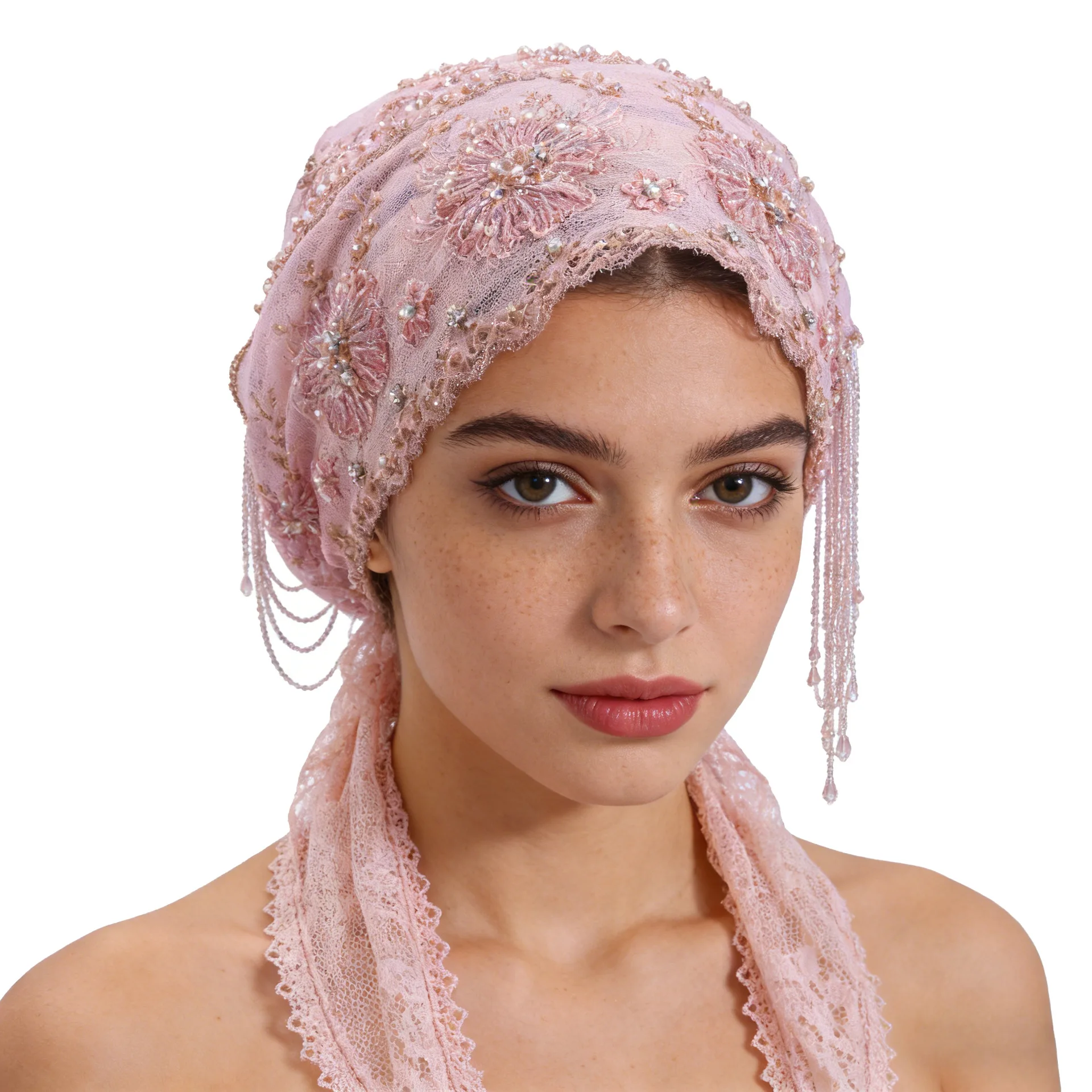 

Muslim New Popular Luxury Hijabs Headwear High Quality Lace Ribbon Handcrafted Beaded Turban Hat Female Head Caps Bonnet H1