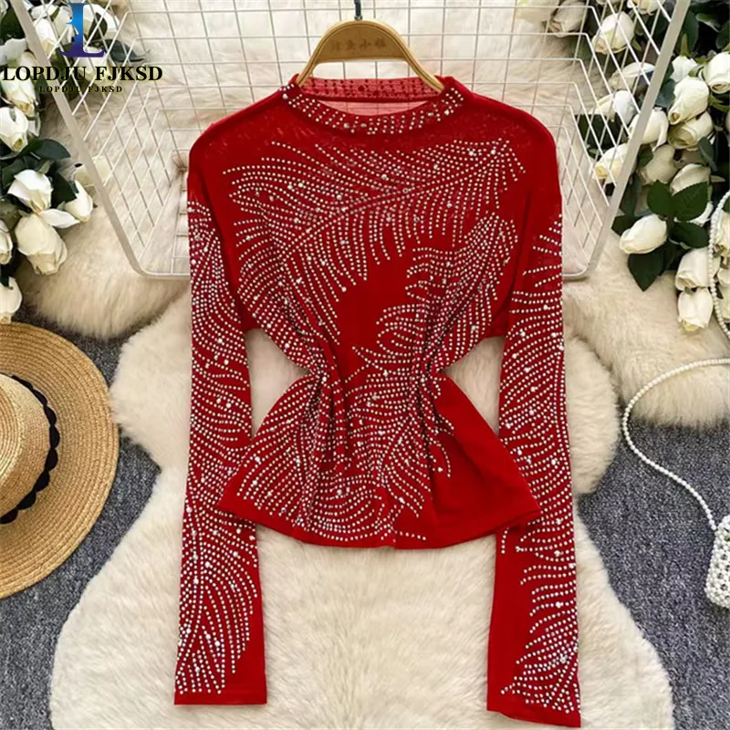 European and American Fashion Rhinestone O-Neck Long Sleeved Mesh T-shirt for Women's Autumn 2026 New Base Shirt