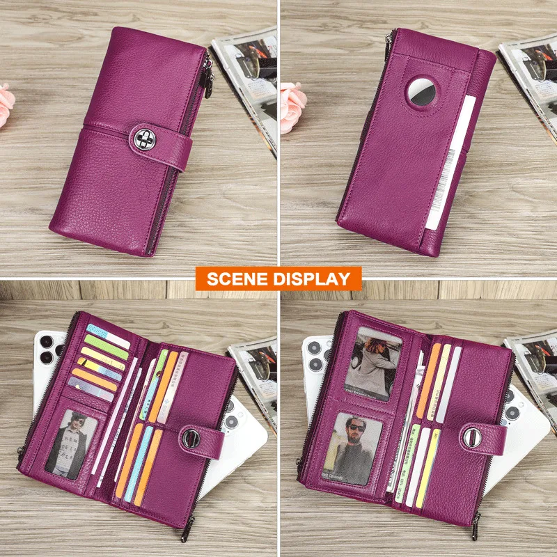Fashion British Style Top Layer Cowhide Anti-theft Brush Discount Women's Airtag Tracker Long Buckle Cowhide Wallets Men Wallets