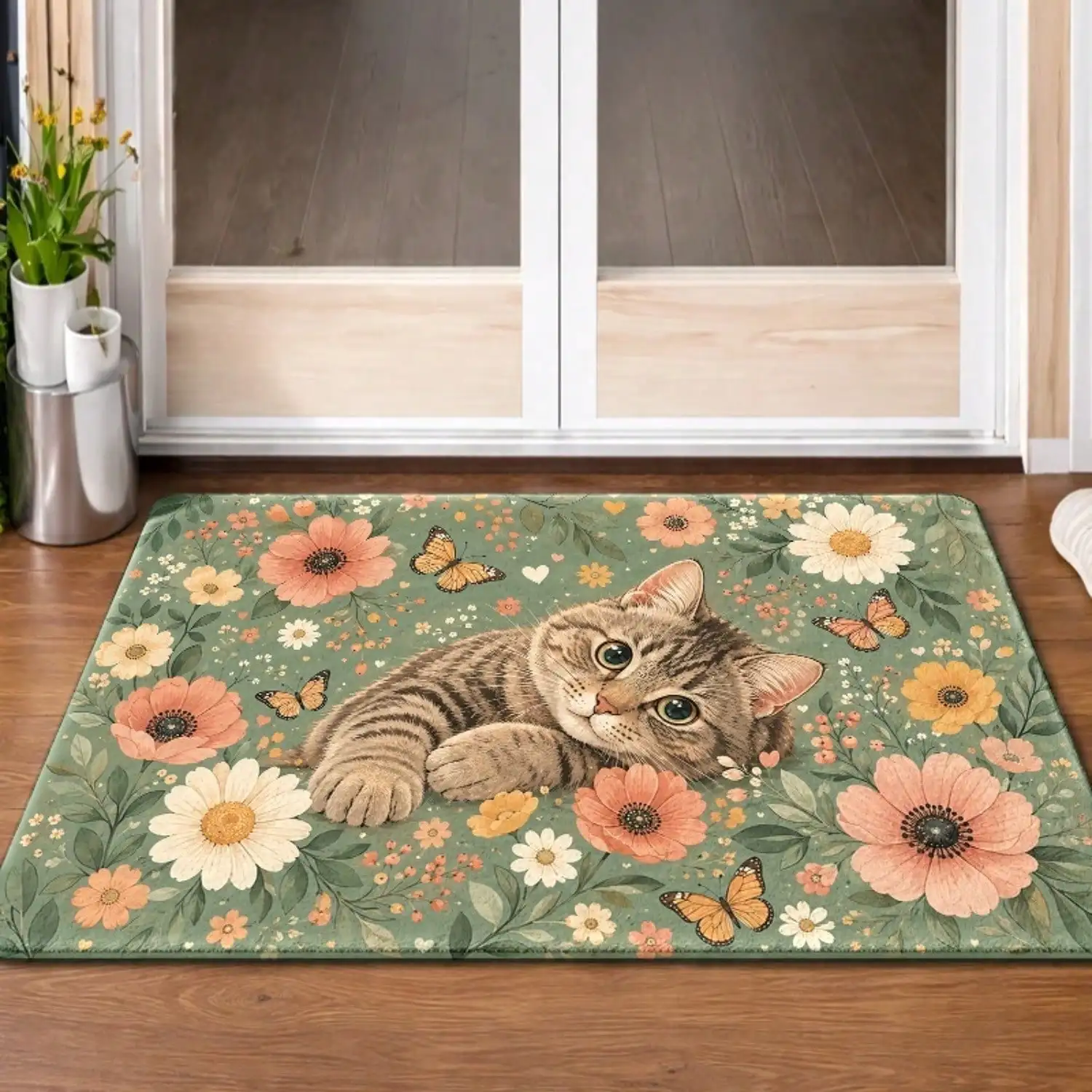 1pc, Cute Cat Floral Butterfly Pattern Doormats, Durable, Machine-Washable, Bath Mat, Suitable For Living Room, Bedroom, Office, Indoor, Bathroom, Balcony