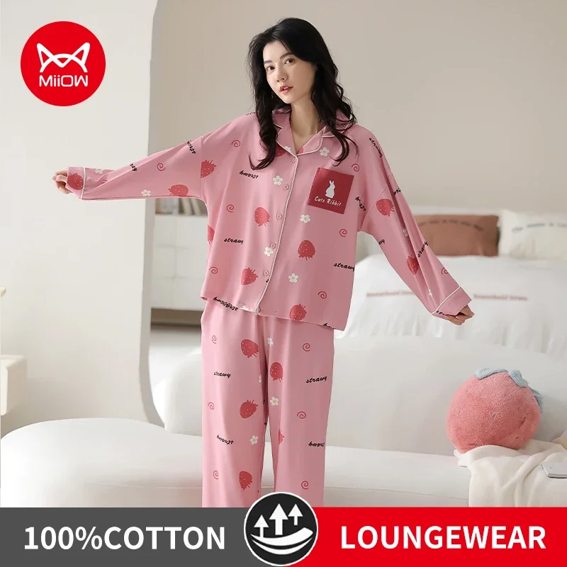 

MiiOW Winter Cotton Pajamas for Women Loose V-neck Cardigan Ladies Long Sleeve Loungewear Pink Strawberry Cute Girl Sleepwear