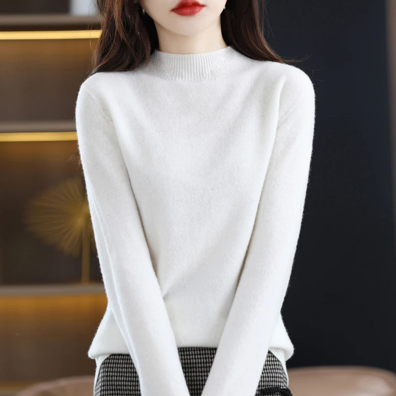 100%Merino Wool Sweater Women Autumn Long Sleeve Mock Neck Warm Soft Cashmere Pullovers Basic Bottom Sewn Knitwear Jumpers