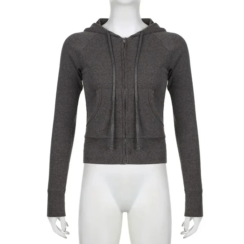 سويت شيرت بقلنسوة مضلع بسحاب للنساء للخريف معاطف كاجوال بأكمام كاملة ملابس نسائية عتيقة #5