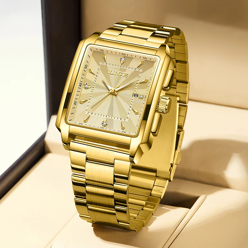 LIGE Luxury Golden Man Wristwatch Square Quartz Men Watch Waterproof Luminous Stainless Steel Men's Watches Male Reloj+box