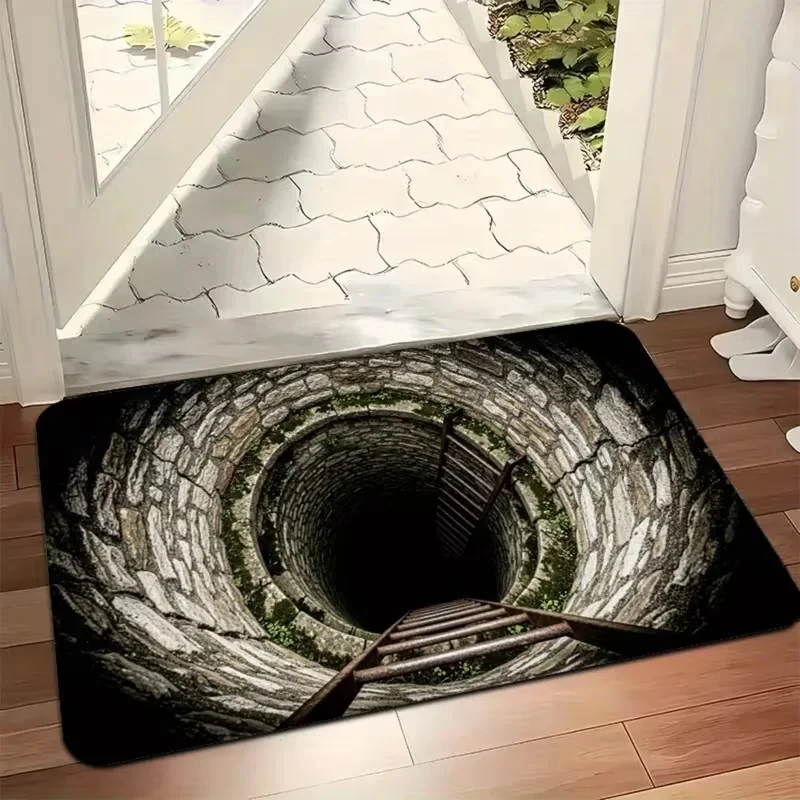 VIKAMA 3D Visual Illusion Manhole Cover Doormat Deep Hole Floor Rug Non-Slip Entrance Mat Home Decor Bathroom Funny Design