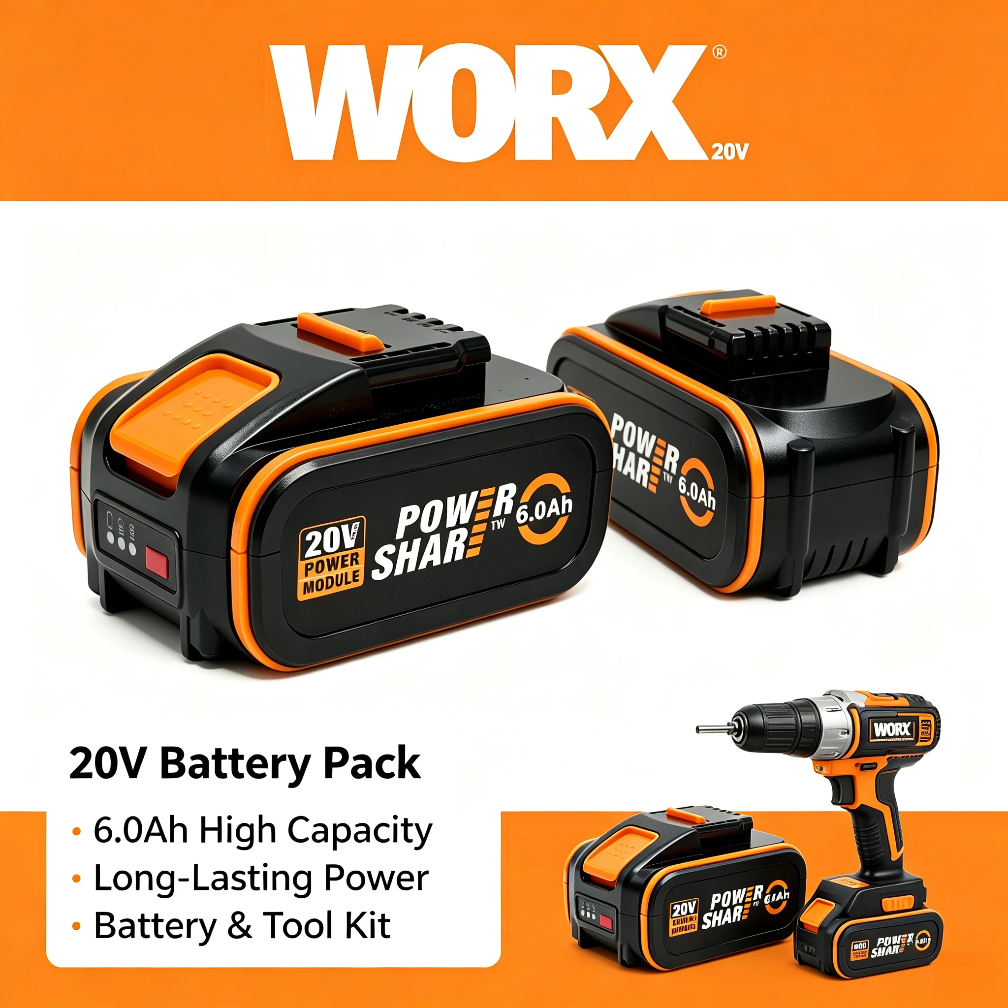 WORX 20V 6.0Ah 4Pin Battery Universal 4Pin Interface Li-ion Battery for WORX WX394 WG630 Power Tools Home & Industrial Repair
