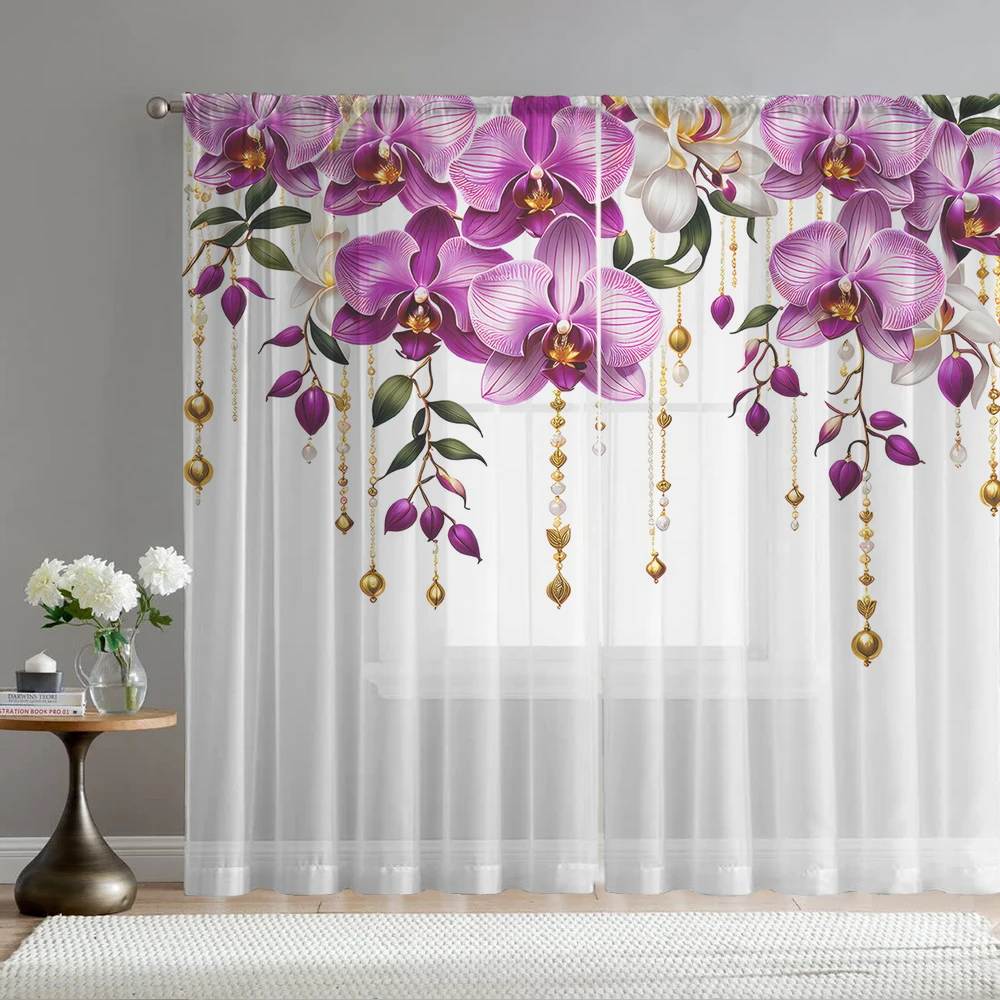 2Pcs Chains And Butterfly Orchid Print Home Decoration Window Screens Suitable For Coffee Shops, Restaurants, Bedrooms