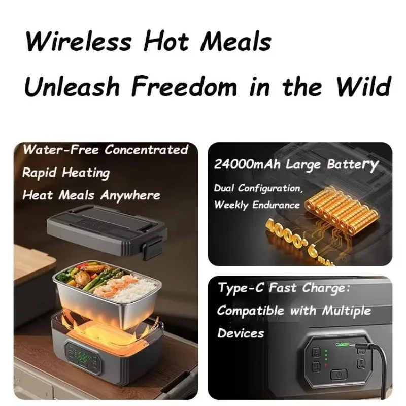 2026 outdoor hot lunch box water free fast heating 24000mAh super class endurance Type-C fast charging hot lunch tool