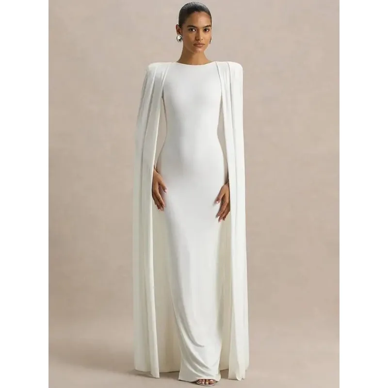 

Сексуальное женское платье макси с рукавами-накидками, модное, с круглым вырезом, завышенной талией, разрезом и молнией, для клуба и вечеринок, длинное, элегантное