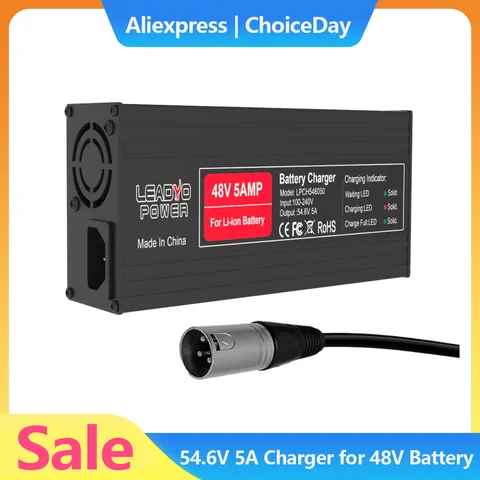 Caricabatteria da 54,6 V 58,8 V 5A per bicicletta elettrica agli ioni di litio 48 V 52 V con spina DC2.1 Custodia in alluminio Ventola di raffreddamento Caricatore intelligente