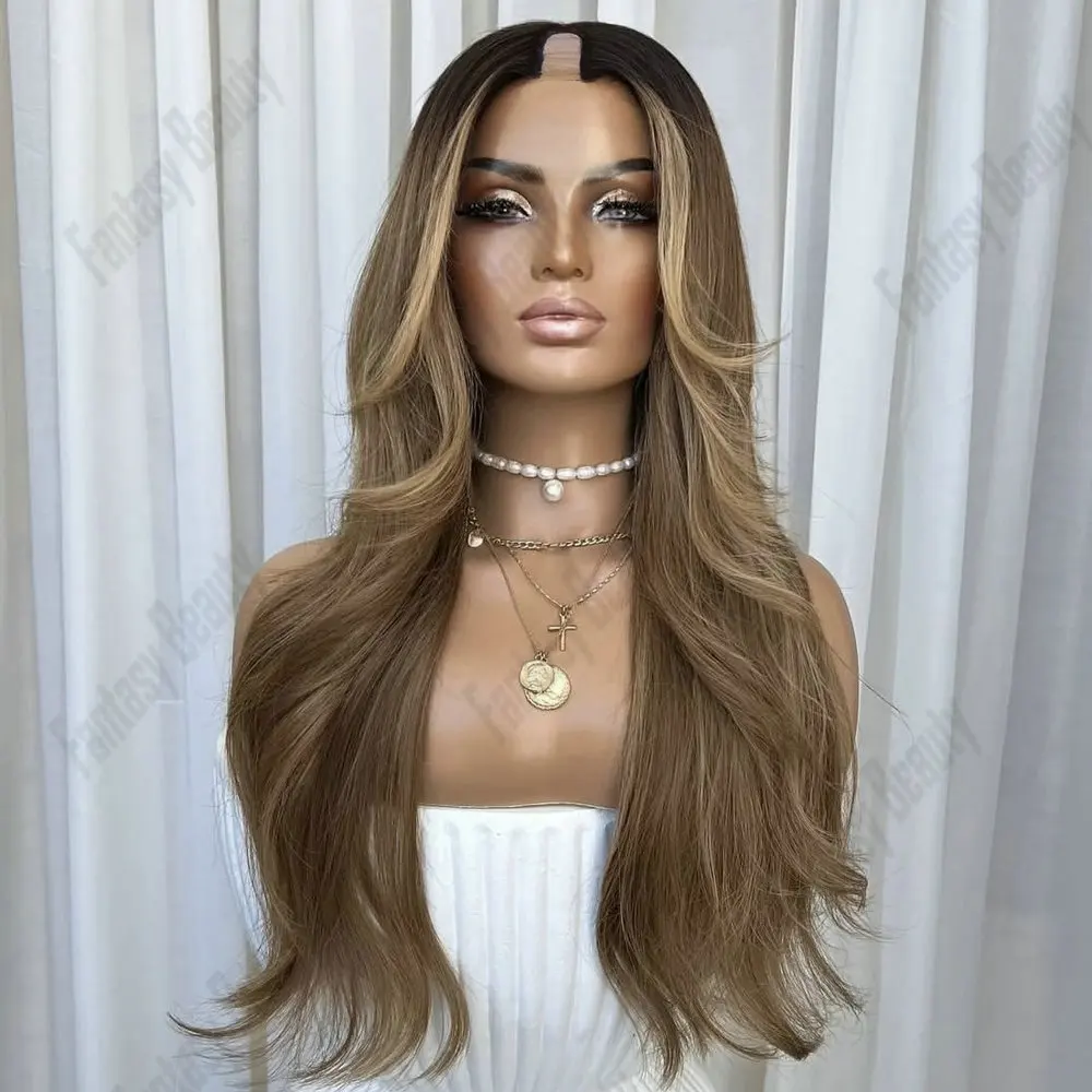 

Remy European Hair U Part Wig Human Hair for Women Easy Wear Dark Ash Blonde Ombre Natural Straight Glueless 1*4 Size V Part Wig