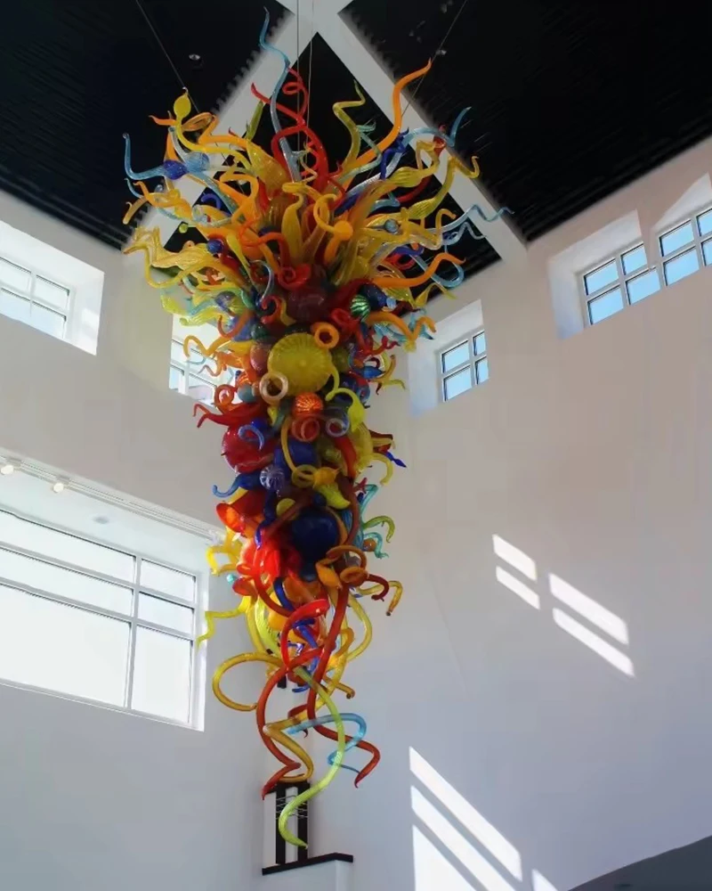 

Chihuly Style Hand Blown Glass Chandelier Multicolor High Hanging Long Lightings Fixtures for Stairs Lobby