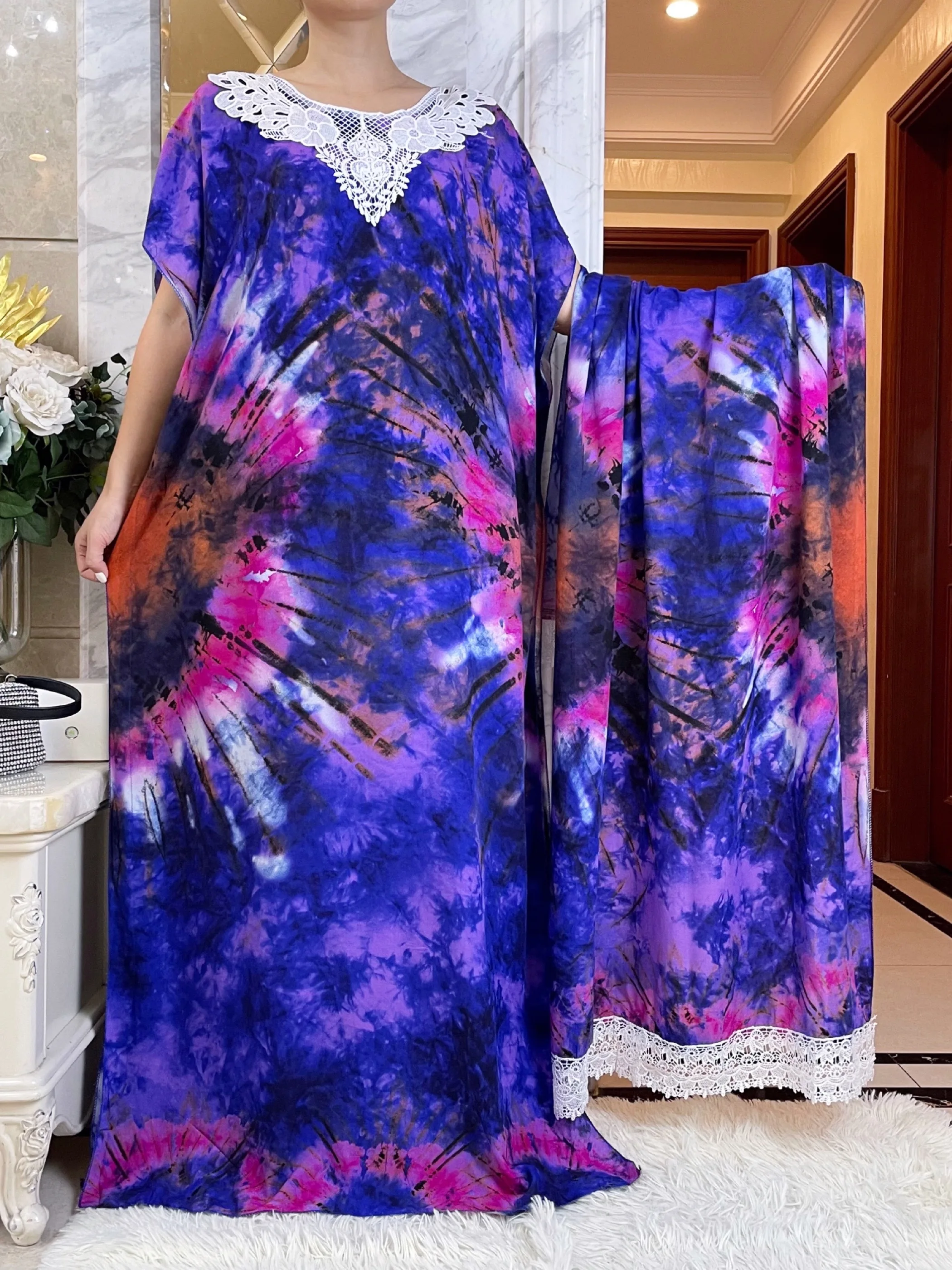 

New Arrivals Dubai Short Sleeve African Women Dresses With Big Scarf Printing Cotton Elegant Summer Maxi Casual Loose Abaya