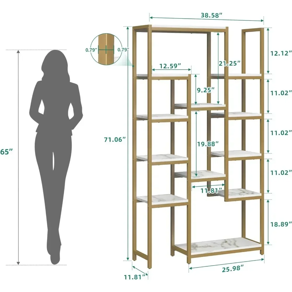 6 Tier Gold Bookshelf, 71” Tall Modern Free-Standing Bookshelf with 12 Shelf Bookcase, Marble Open Display Storage Bookshelves