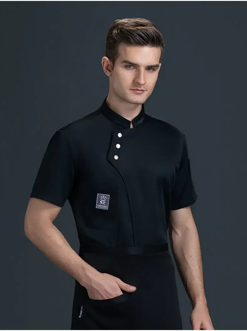 夏シェフ半袖セットレストランホテルキッチン作業服男性黒通気性キッチンシェフジャケットエプロンケータリング女性