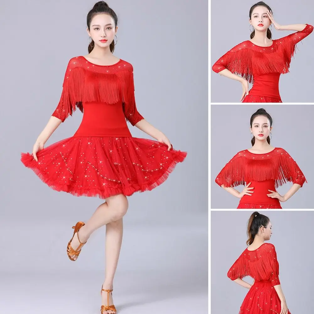 Fashion Tassel Latin Dance Top Shiny Modern Samba Dance Top Dance Accessories Performance Wear Evening Dresses Women