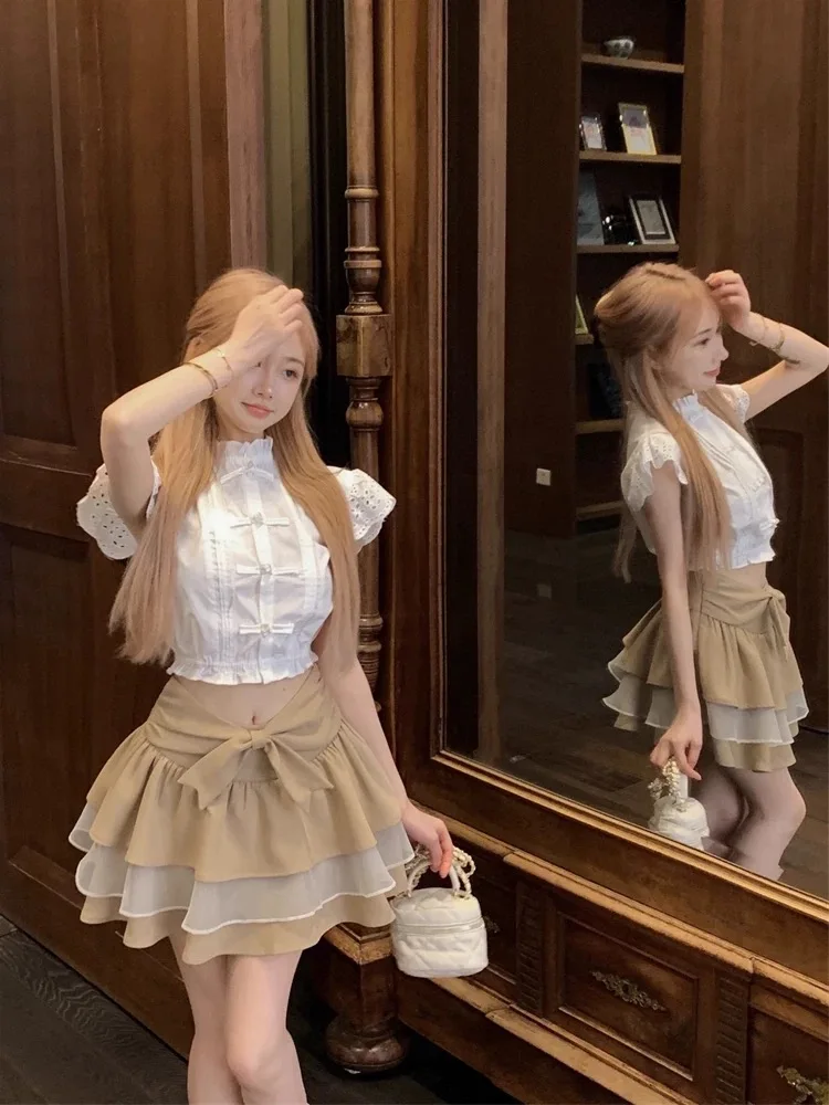 

New Chinese Style Short Top Cake Skirt Set Women Summer Sweet Spicy Girl Fly Sleeve Shirt Puffy Skirt Two Piece Set