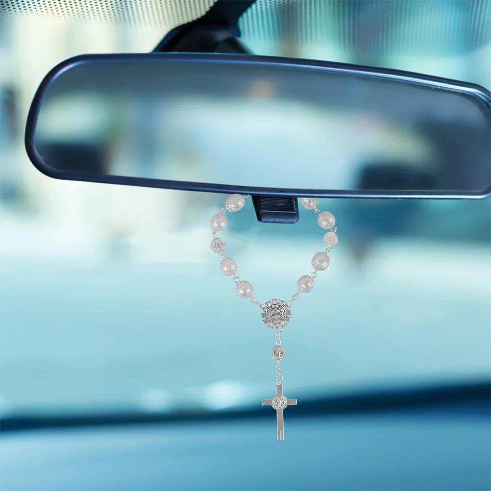 

2Pcs Cross Blessing Bead Car Hanging Ornament Rearview Mirror Accessory Rosary Pendant Decor Alloy Portable Driver Gift Car