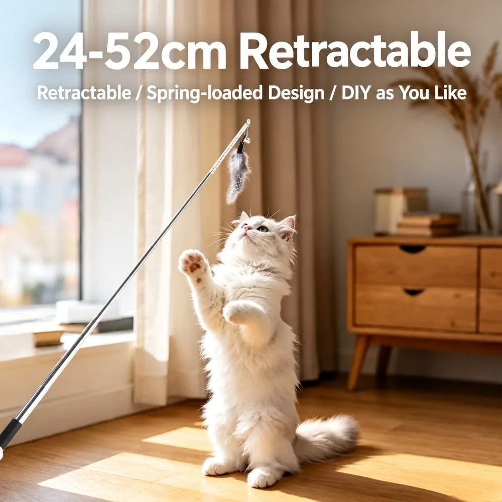 Compact Stainless Steel Cat Teaser Wand Replaceable Head Retractable Retractable Cat Teaser Wand Telescopic Cat Wand Cat/Kitten