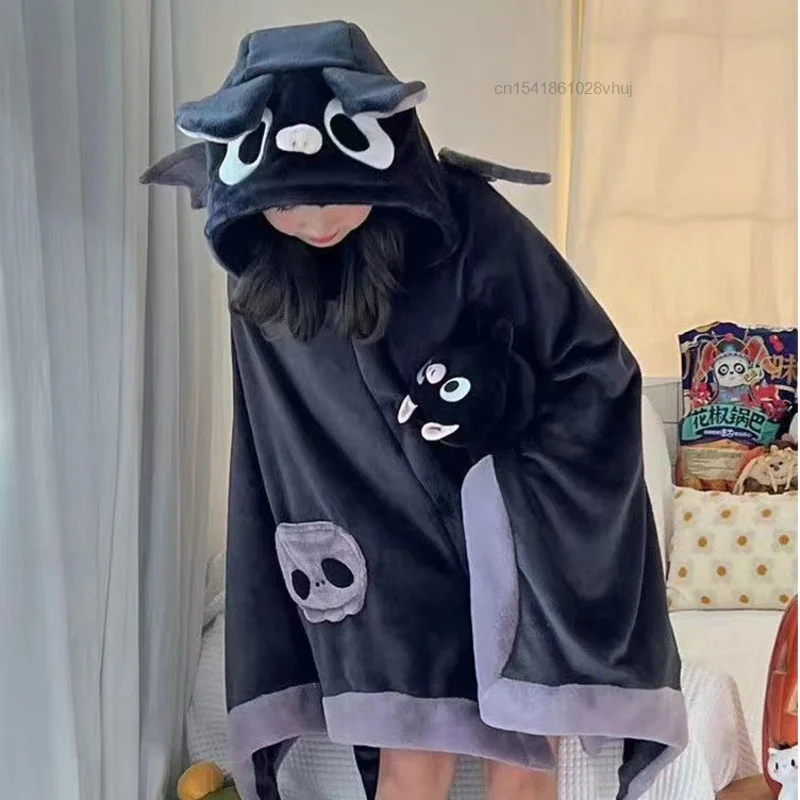 Kawaii Cartoon Bat Y2k Plush Pajamas Anime Cloak Sleepwear Costume Halloween Cloak For Adults Winter Pajamas Women Blanket Cape