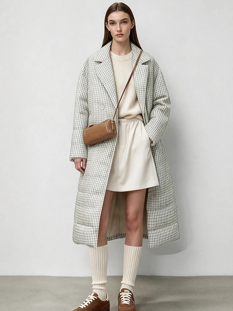 Amii Women's Down Jacket 2026 Winter New Commuter Style Suit Collar With Belt Plaid Down Coat Loose Long Top Outerwear 12624057