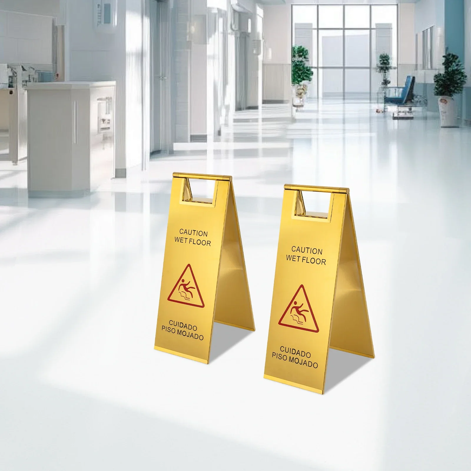 2 Pack Stainless Steel Wet Floor Sign Caution Wet Floor Sign DoubleSided Text and Graphics Warning Sign