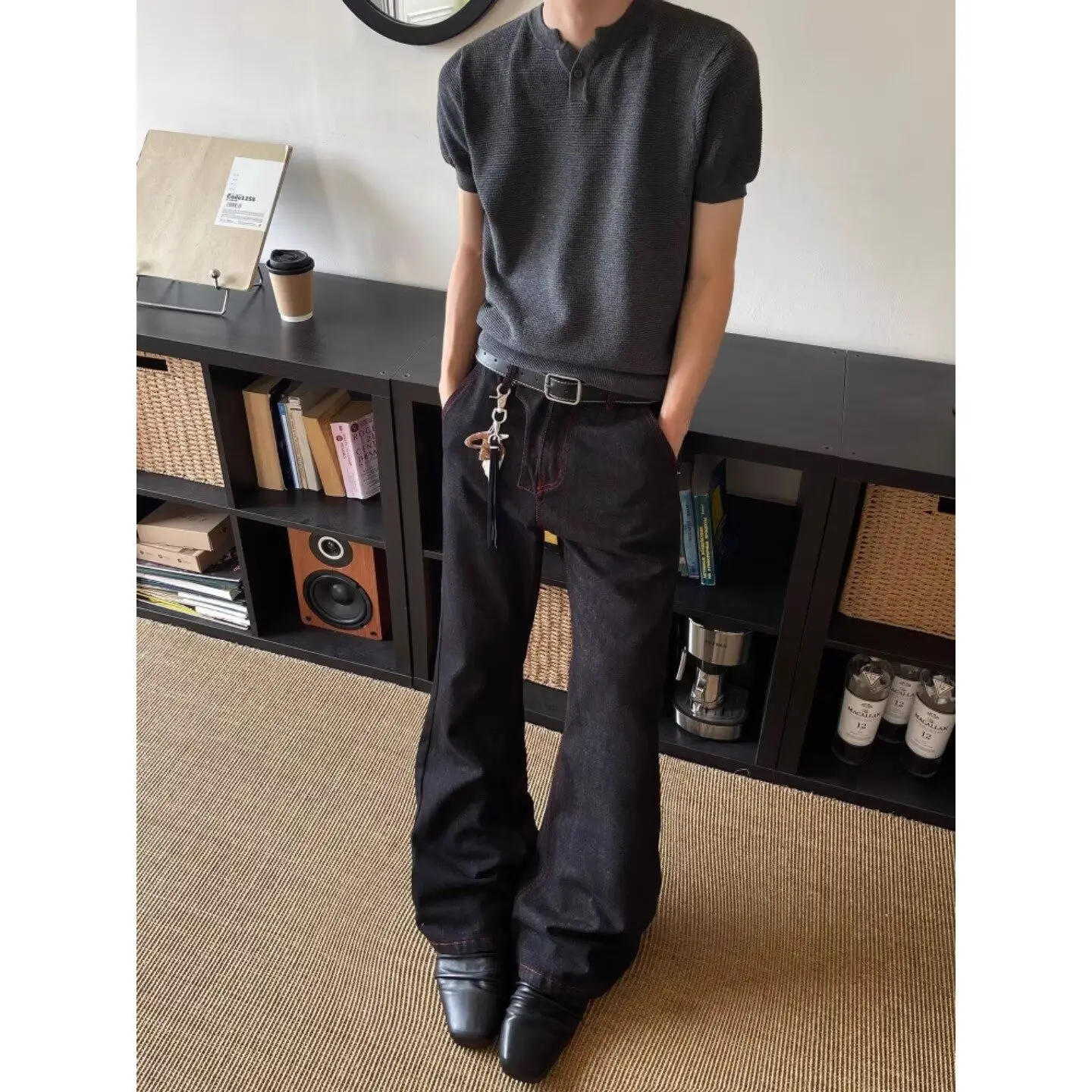 Men's Bright Line Decoration Black Jeans High Waist Vintage Casual Pants Spring Sweatpants Male Personality High Waist Trousers