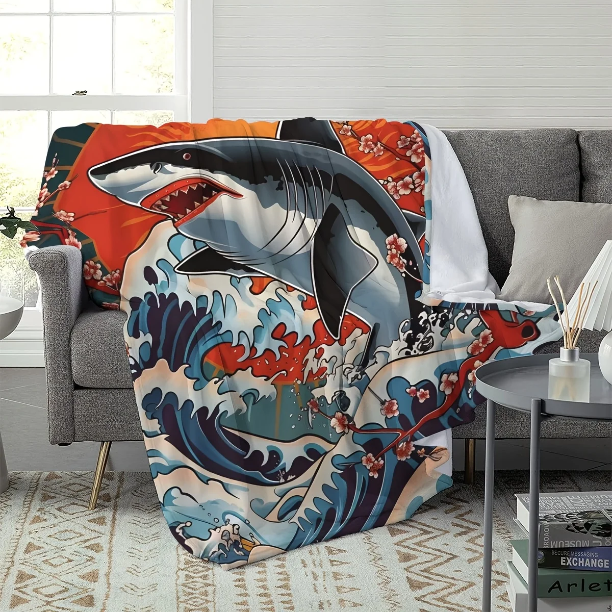 Vintage Anime-Inspired Shark Print Throw Blanket - Soft Flannel Polyester, Machine Washable, All-Season Use for Sofa, Office