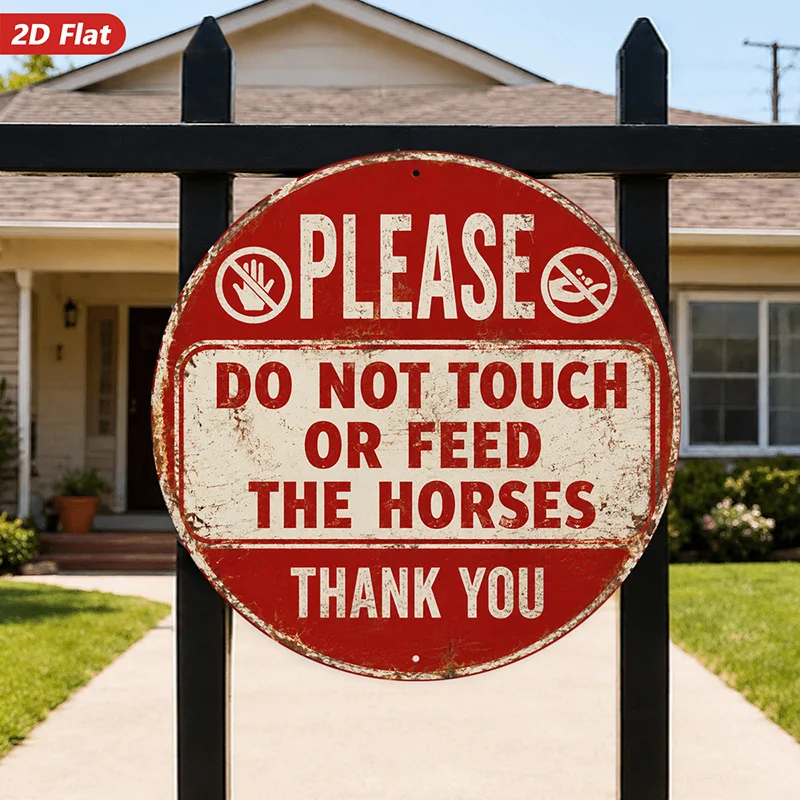 2D Flat, 1pc Horse Warning Sign Round Metal Sign Wall Art, Suitable for Office Study, Please Do Not Touch, Or Feed The Horses, R