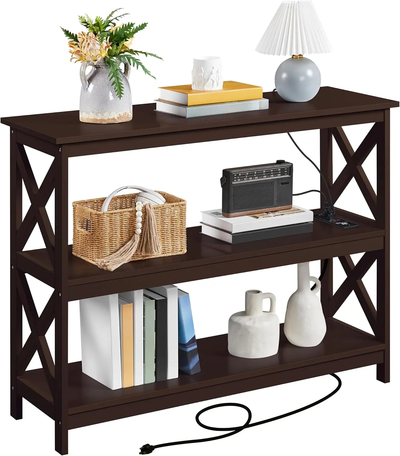 Console Table with Power Outlet, 3 Tier Narrow Sofa Couch with Storage Shelves, Wood Entryway Table Side