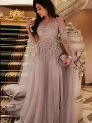 Oisslec Saudi Arabia Women Celebrity Carpet Dresses Sheer Crew Neck Prom Dress Lace Applique Long Sleeves Tulle Evening Gowns