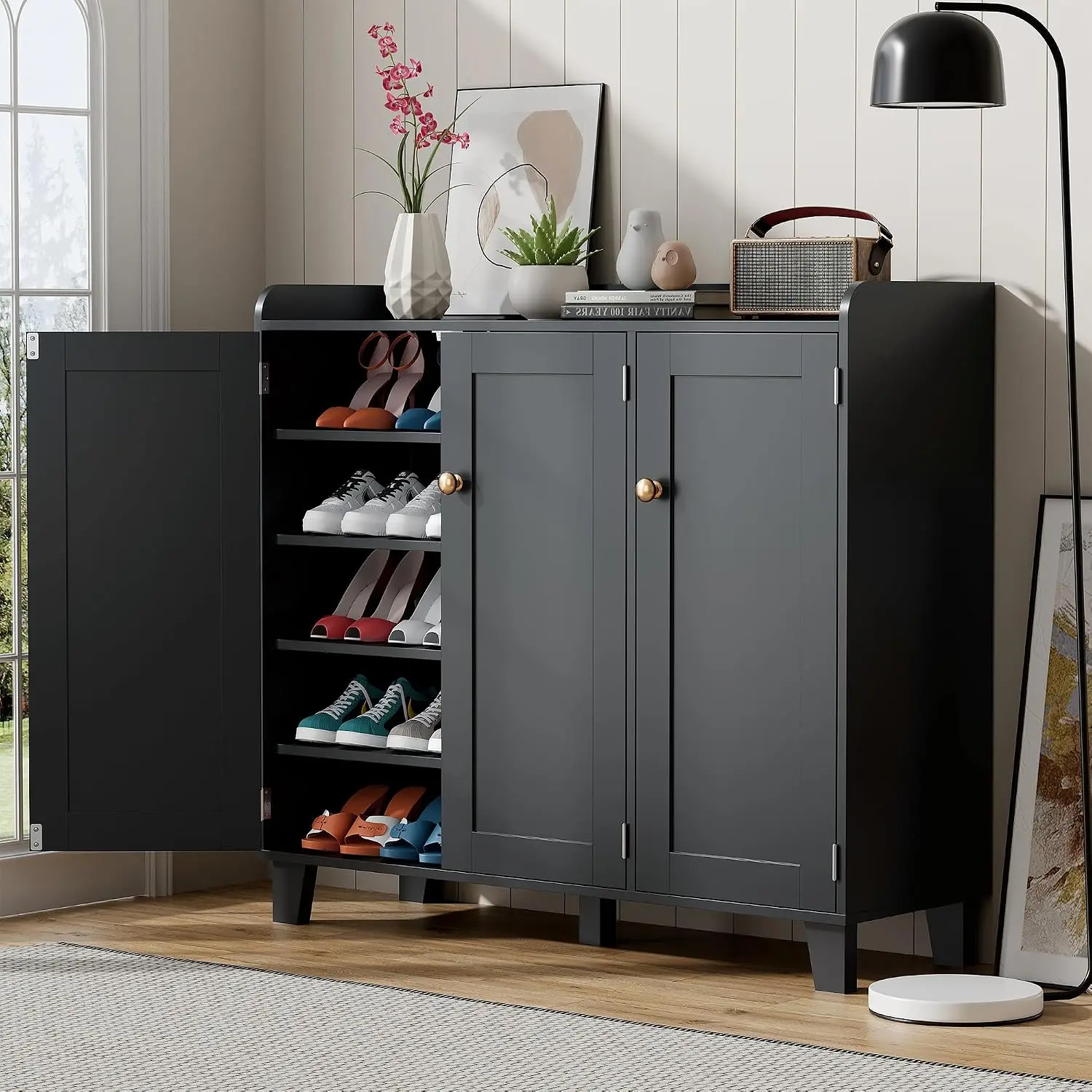 3-Door Adjustable Shelf Wooden Shoe Cabinet 40 Inch Farmhouse Flat Rack Organizer Hallway Entryway Living Room, Customized