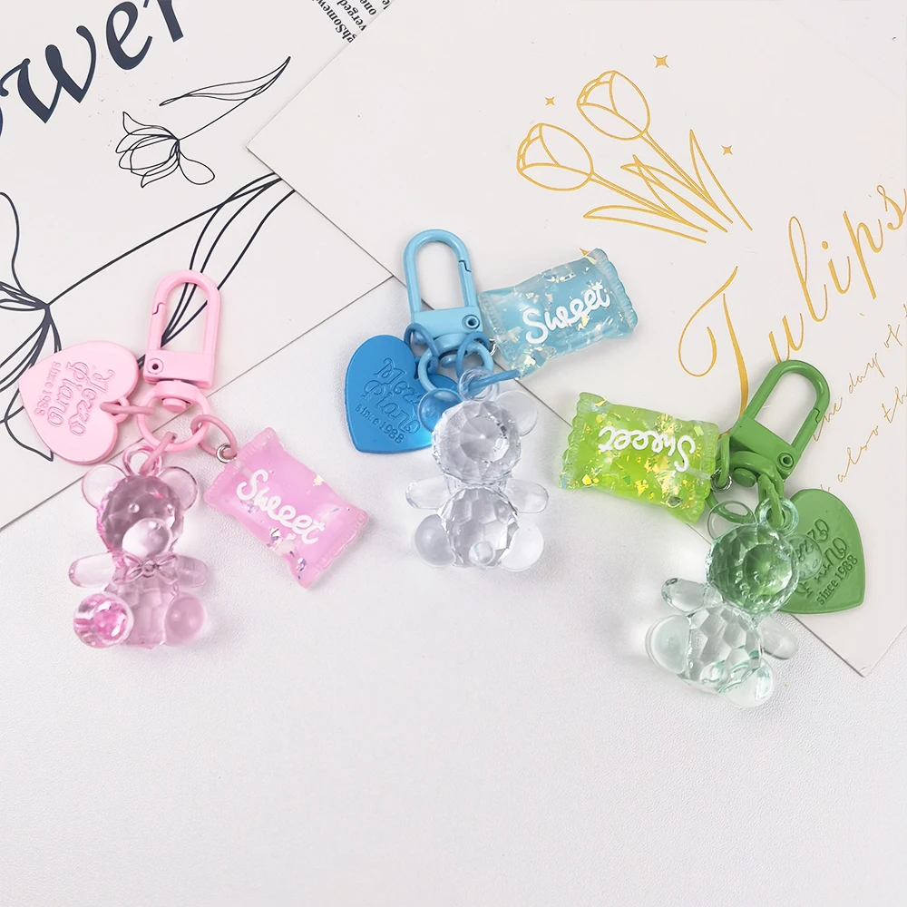 Cartoon Bling Transparent Bear Pendant Keychains With Metal Heart Tag Sweet Charms Keyrings Bag Ornament Car Trinket Accessories