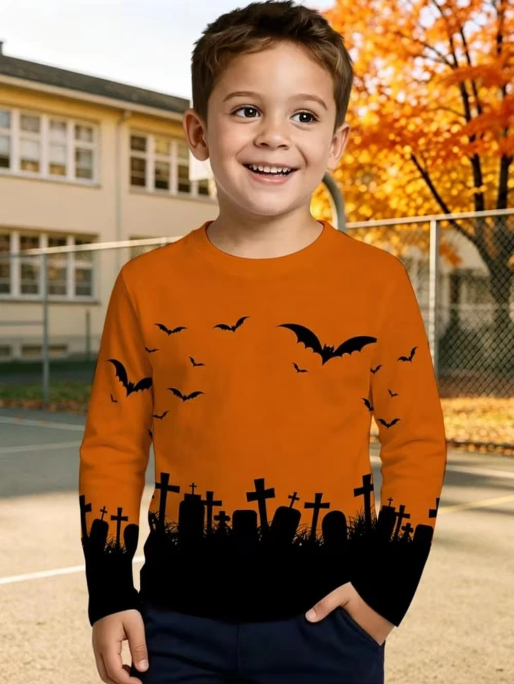 Kids Halloween T-Shirt Robot Pumpkin Print Long Sleeve Loose Boy's Clothing Autumn Holiday Gift for Boy Tops Children's Clothing