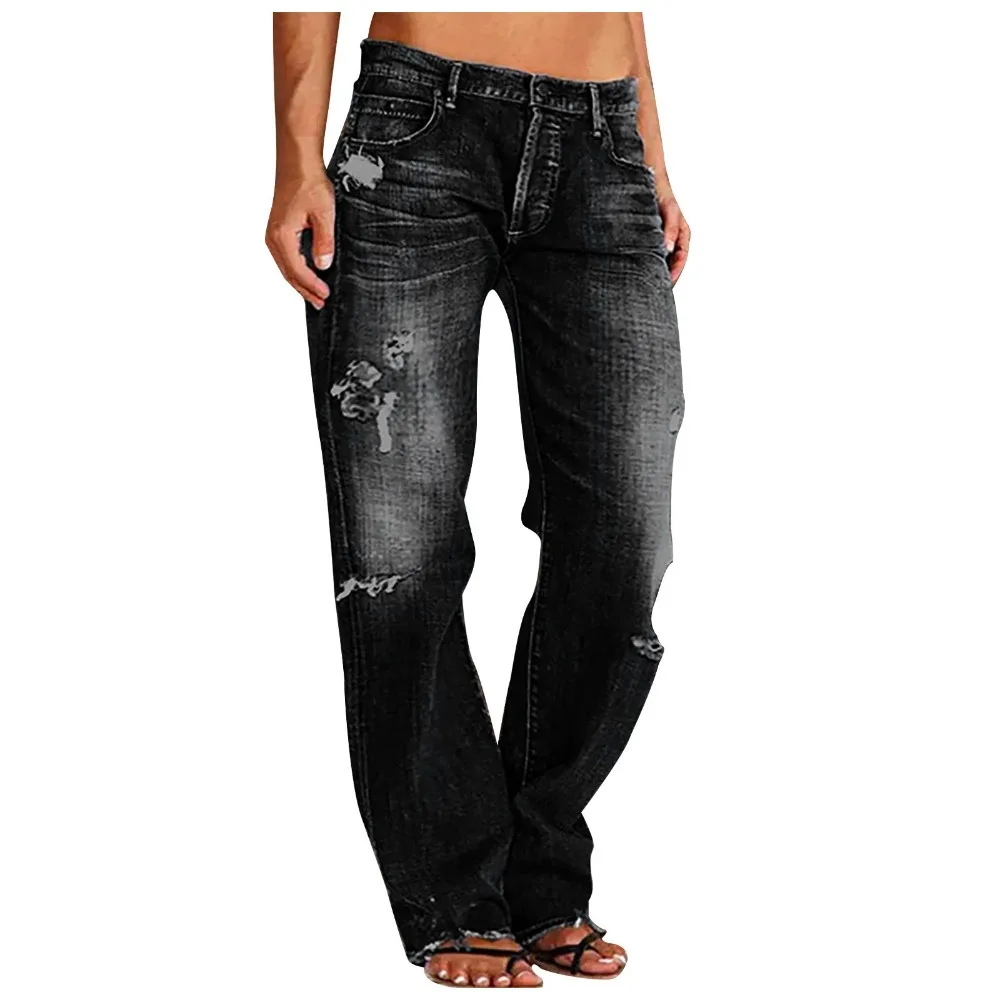 Full Length Women Jeans Vintage Distressed Wide Leg Pants Denim Wash Loose Fit 2026 Summer Pockets Solid Spliced High Waist