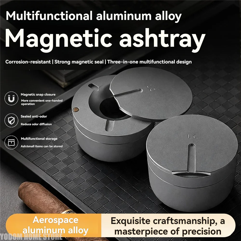 Sealed Magnetic Cover Aluminum Alloy Ashtray CNC Machining Vehicle Mounted Ash Tray Household Smoking Accessory Container
