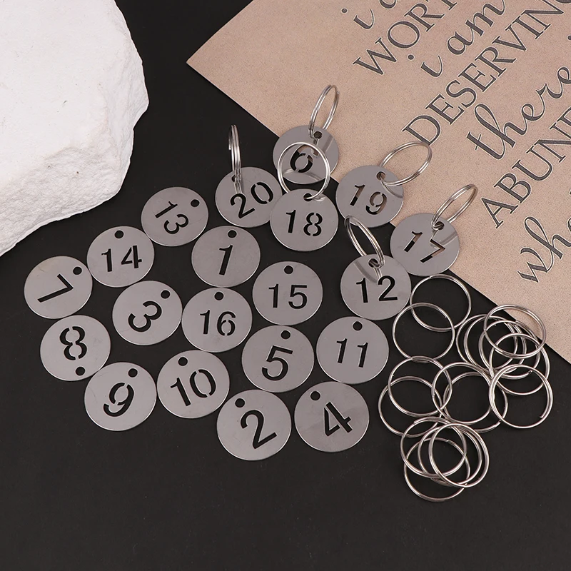 ●20 Pcs Stainless Steel Number Plate Key Label Tags Chain Labels Round Rings Suitcase Identifiers Hanging Keys Numbered