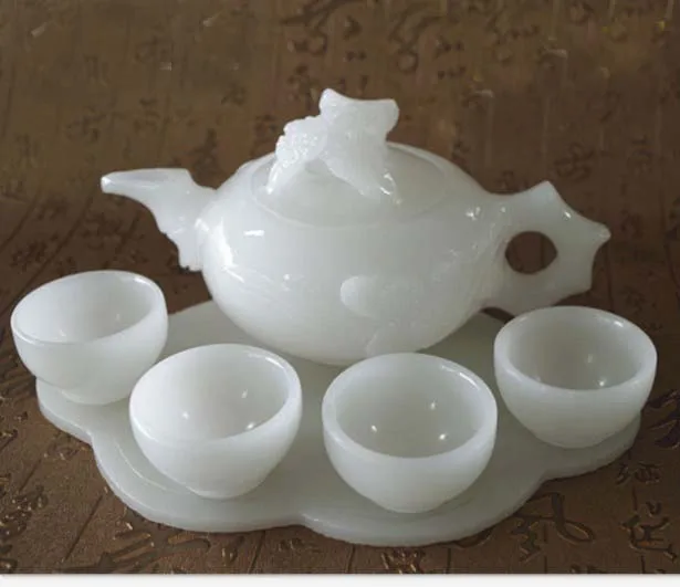 A set GOOD HOME OFFICE Company TOP Business Decorative Collection White Jade Teapot Cups Hand carving statue BEST present gift