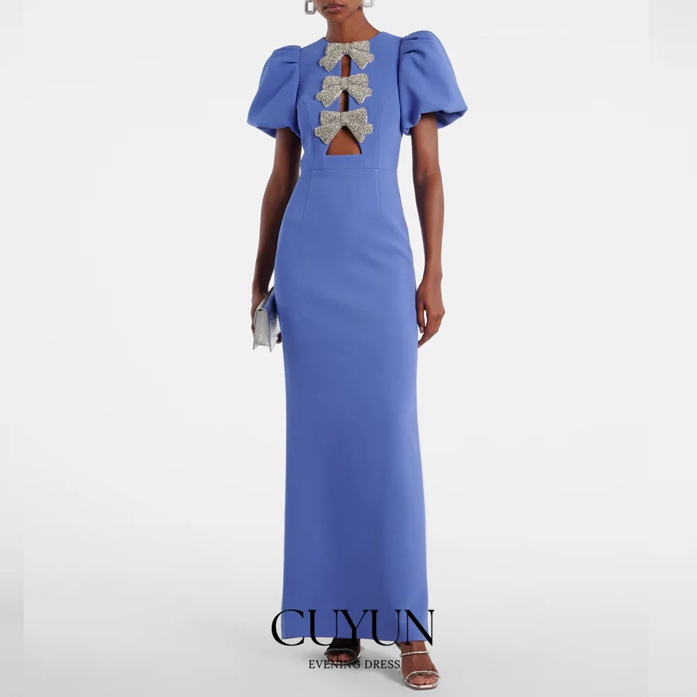 

CUYUN Роскошное вечернее платье для вечеринки по индивидуальному заказу, расшитое бисером и бантом, с короткими рукавами и разрезом, свадебное платье, вечернее платье для гостей, выпускного вечера