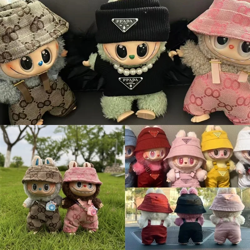 Zestaw ubranek dla lalki Labubu 15-17 cm: luksusowe ogrodniczki, kapelusz, pluszowe ubranka dla lalek, akcesoria do przebierania, zabawki DIY.