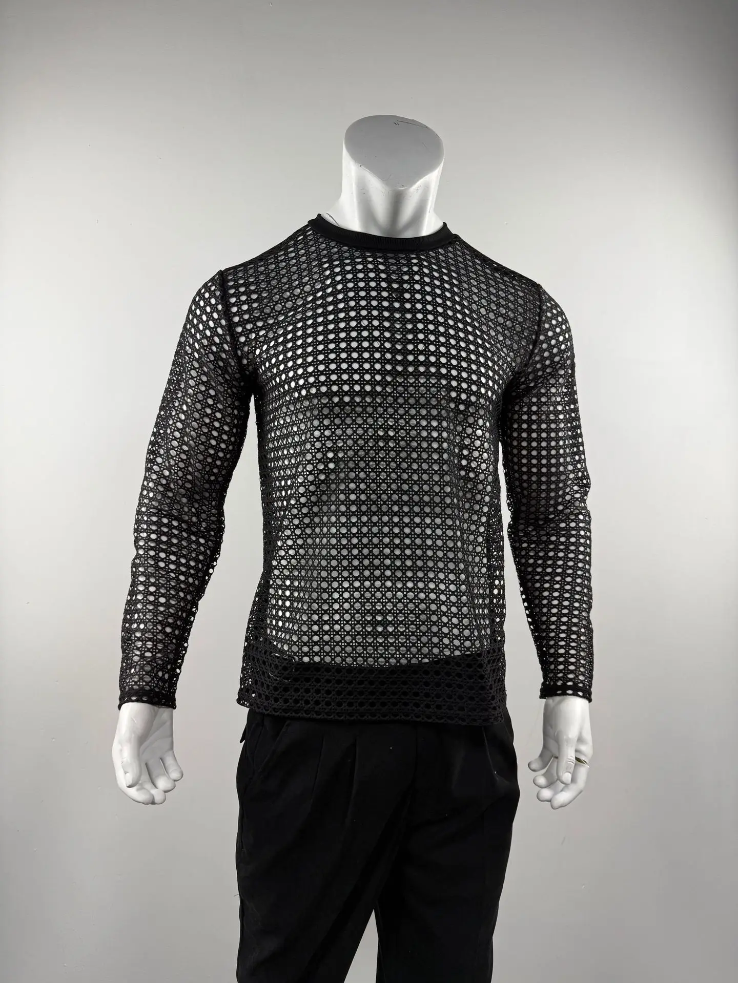Men's Simple Sexy Mesh Tops Spring/Summer American Casual Fashion Round Neck Hollow Out Knitted Long Sleeve T-shirt - view 6