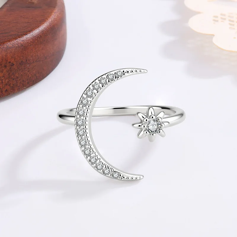 Sam Panda 925 Sterling Silve Moon Zircon for Women Personality Open Ring Versatile Jewelry Fashion  Party Gift Dropshipping