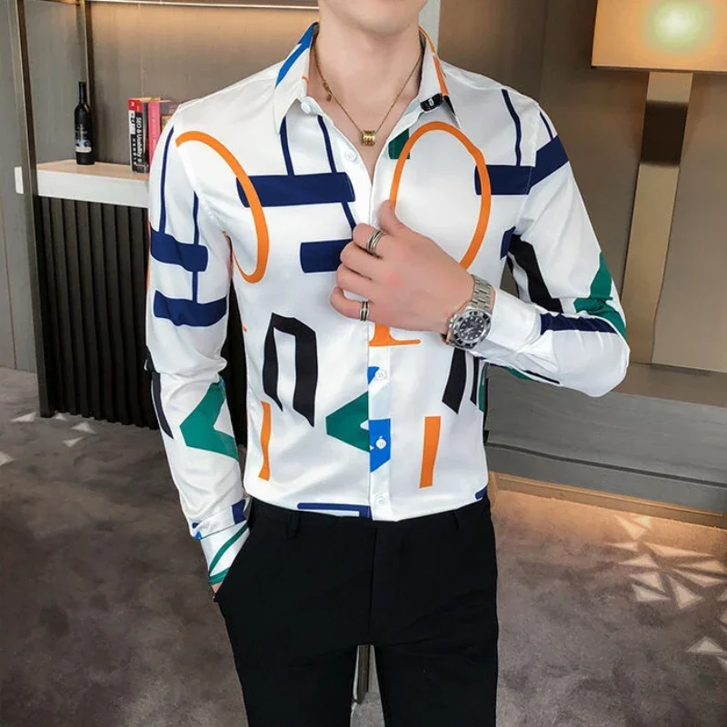 Camicia da uomo grafica geometrica colorata camicie maschili regolari con colletto Hipster Slim Fit stile coreano vendita di lusso di alta qualità I