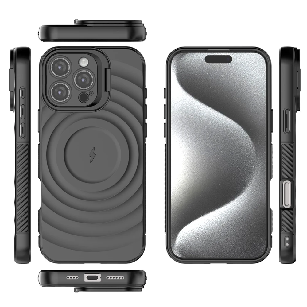 Flip Fold Lens Stand Water Wave Magnetic Phone Case For iPhone 17 16 13 14 15 Pro Max Luxury For Magsafe Wireless Charge Cover